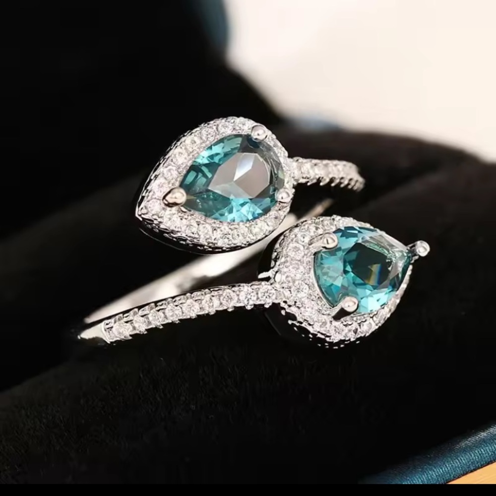 Teal Pear Halo Double-Teardrop Ring - Women's Silver Ring - Picture 4 of 9